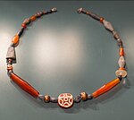 Necklace of gold, lapis lazuli, carnelian and etched carnelian beads, c.2600-2340 from Kish in Sumer.[25]
