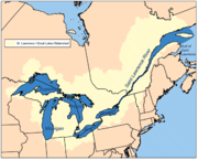 Great Lakes Basin and St. Lawrence watershed. The Chicago Portage to the Mississippi Valley is to the south west (lower-left) of Lake Michigan.