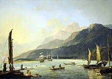 A painting titled View of Maitavie Bay, Otaheite, by William Hodges, 1776. Resolution and Adventure can be seen in Matavai Bay