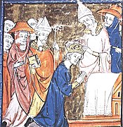 A medieval depiction of the coronation of the Emperor Charlemagne in 800 AD wearing royal blue. The bishops and cardinals wear Tyrian purple, and the Pope wears white.