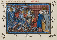 A mounted knight fights against footmen, while a crowned man is carried from the battlefield.