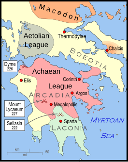 A map of Greece. That northern half of Greece is occupied by the Aetolian League and the southern territories under the control of Macedcon, while the south is occupied by Sparta, the Achaean League and several smaller states.