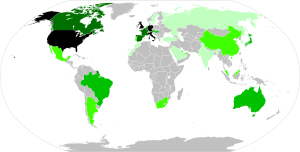 A map of the world showing countries that have held a Grand Prix in varying colours from airy green to black.