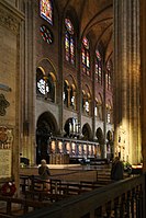 Choir of Notre Dame de Paris, consecration 1182, three levels (arcade, tribune and clerestory); triforia removed by the remodeling of the clerestories after 1220