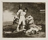 A blindfolded prisoner is tied to a stake, about to be shot by a firing squad. Another man lies dead nearby. In the distance, several prisoners are blindfolded and tied to stakes; they have all been shot and killed by firing squads.