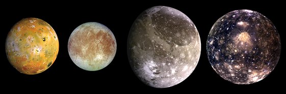The Galilean satellites in false colour. From left to right, in order of increasing distance from Jupiter: Io, Europa, Ganymede, Callisto.