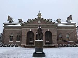 Snow on Tucker Hall and Monroe statue