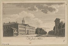 A print showing the two-story jail on the left, across the street from a long wall and under a partly cloudy sky. The print is titled "The Jail, Philada."