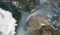 Satellite image of Washington showing active fires in the Cascade Mountains