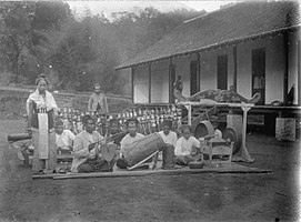 Sundanese Gamelan with a dancer and Wayang Golek in a hut in Cibodas Botanical Garden, West Java on 28 September 1904