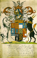 Confirmation of arms, crest and supporters, dated 28 May 1580, by Robert Cooke, Clarenceux to Philip Howard, 20th Earl of Arundel, omitting Howard arms and quarterings as the Dukedom of Norfolk was under attainder.