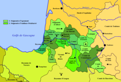 Duchy of Gascony around 1150. Comté de Comminges shown in dark green at lower right.