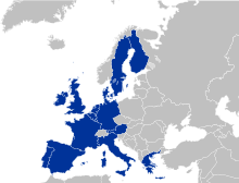 A map of Europe with various countries shaded in dark blue.
