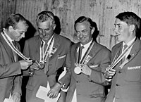 Die Medaillengewinner von 1964 (v. l. n. r.) Wind (Bronze im Finn-Dinghi), Berntsen, von Bülow und Poulsen (Gold im Drachen)