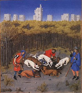 The château behind a boar hunt, by Limbourg Brothers or Barthélemy d'Eyck (1412–1416)