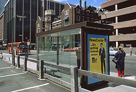 Metro Transit bus stop shelter (ca. 1980) in Minneapolis, Minnesota, United States