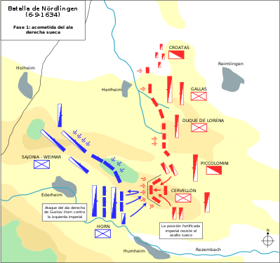 Phase 1; (Blue) Swedish assault takes the Albuch before being repulsed by (red) Spanish infantry and Bavarian cavalry led by Ottavio Piccolomini