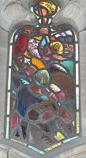 Um vitral onde uma das divisões traz a inscrição "Morte de Penda", abaixo da qual um Penda barbado está sob ataque de dois homens de capacete, um deles carregando uma lança