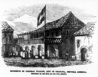 President Walker's house in Granada, Nicaragua. On 12 October 1856, during the siege of Granada, Guatemalan officer José Víctor Zavala ran under heavy fire to capture the Walker flag and bring it back to the Central American coalition army trenches shouting "Filibuster bullets don't kill!" Zavala survived this adventure unscathed.[9]