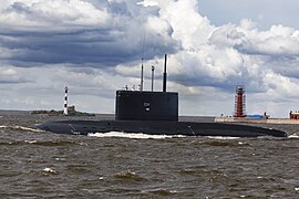 Russian Improved Kilo-class submarine Ufa during the Russian Navy Day parade in 2023.