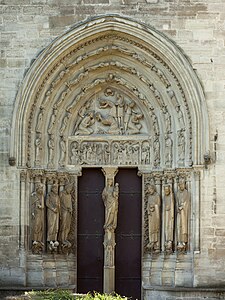 North portal of Basilica of St Denis, with early tympanum and columns made of elongated figures