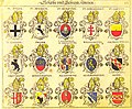 Aus Johann Siebmachers Wappenbuch von 1605: in der Mitte das Wappen der Reichsabtei St. Emmeram in Regensburg