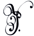 Cursive monogram or cipher P with flourishes and followed by a single dot