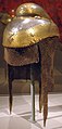 Image 5Sikh warrior helmet with butted mail neckguard, 1820–1840, iron overlaid with gold with mail neckguard of iron and brass (from Sikh Empire)