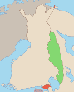 Anticipated territorial changes of the Finnish Democratic Republic, with areas to be ceded to the Soviet Union (red) and to the Finnish Democratic Republic (green).