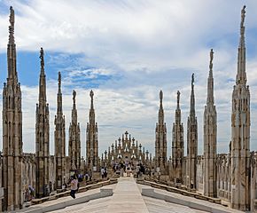 Pinnacles with statues on the roof of Milan Cathedral
