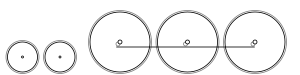 Diagram of two small leading wheels, and three large driving wheels joined together with a coupling rod