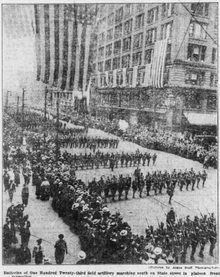 Black and white photo of a parade