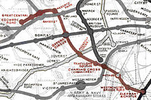 Extract from an historic map of the central London Tube railways, showing the Baker Street and Waterloo Railway highlighted