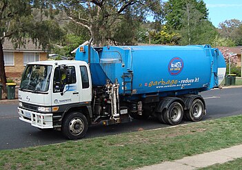 An automated side loader garbage truck in Canberra, Australia