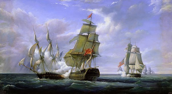 The Action of 21 April 1806 as depicted by Pierre-Julien Gilbert. In the foreground, HMS Tremendous aborts her attempt at raking Cannonière under the threat of being outmanoeuvered and raked herself by her more agile opponent. In the background, the Indiaman Charlton fires her parting broadside at Cannonière. The two events were in fact separated by several hours.