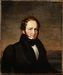 head and shoulders painting of light-skinned man, with reddish-brown hair, high forehead and sideburns, wearing mid-19th century black suit and neckcloth