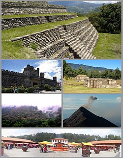 Counterclockwise from top: English: Mixco Viejo Ruins in San Martín Jilotepeque, Castle in Chimaltenango, Iximche Ruins in Tecpan, Madrean pine–oak woodlands in Chimaltenango, Acatenango volcano in Acatenango, Hacienda Real in Tecpan