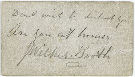 John Wilkes Booth's Calling Card, written in pencil 04/14/1865. (National Archives Identifier 7873510)