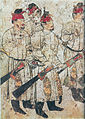 Figures in a cortege wearing round-collar robe, from a wall mural in the Tang Dynasty Chinese tomb of Li Xian, 706 AD.