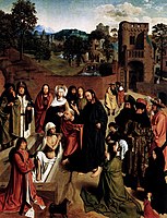 Geertgen tot Sint Jans, Raising of Lazarus, with five kneeling donor portraits (and perhaps the donor's dog). The very small girl was perhaps an infant death or a later addition to the family and the painting