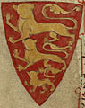 The Plantagenet coat of arms, gules three lions passants guardants or, origin of the Royal Arms of England[6]