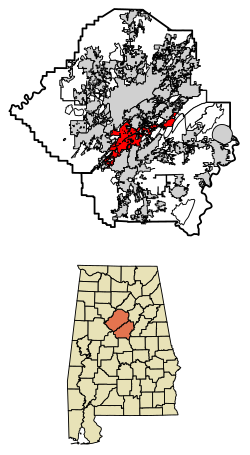 Location of Hoover in Jefferson County and Shelby County, Alabama