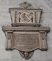 Westminster Abbey - Memorial to Edward Wortley Montagu (1750-1777) in the west cloister of the Abbey, London. Memorial, erected 1787, consists of an urn on a sarcophagus above an inscribed panel in Coade stone.