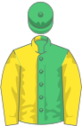 Emerald green and yellow (halved), yellow sleeves, emerald green cap