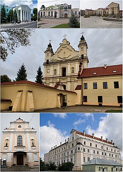 Top:Polessky State University, Paliessie Drama Theater, Palace of Butrymowicz, Center:Pinsk Blessed Virgin Mary's Cathedral, Bottom:Pinsk Saint Barbara Church, Pinsky Jesuit Collegium (all item from left to right)