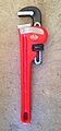 A 10" pipe wrench manufactured by Ridgid.