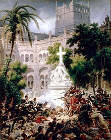 Painting of a battle scene with French troops at left being resisted by Spaniards at right. In the center is a religious monument.