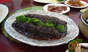 Sea cucumber in sauce in China.
