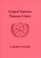 The front cover of a red machine-readable United Nations diplomatic laissez-passer