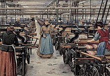 Colour illustration of women in Victorian dresses working power looms in a large textile factory